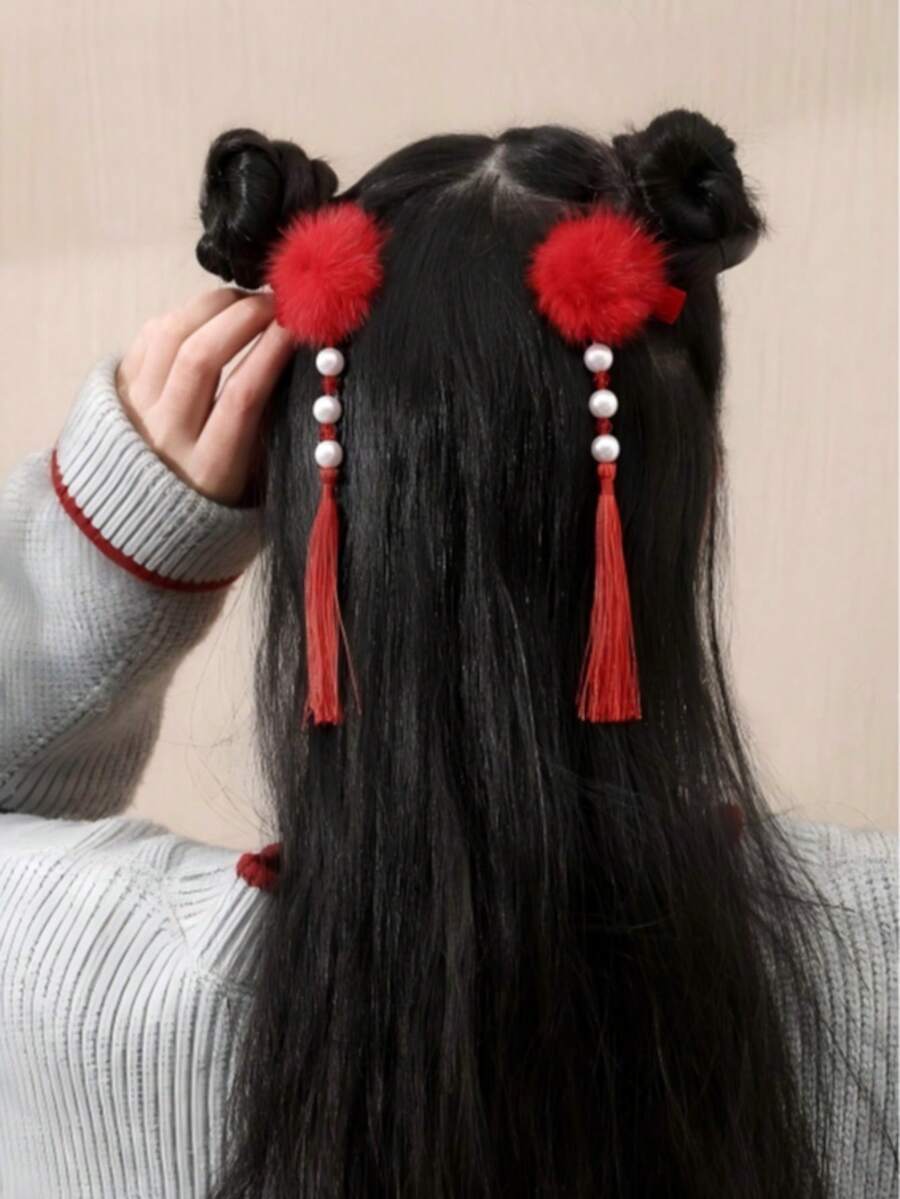 1對女士時尚優雅紅色毛球流蘇髮夾,適合日常配戴,秋冬季、新年、情人節,送給朋友的最佳禮物 - 紅色 - 查看 1