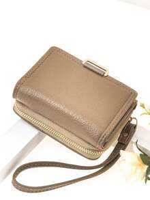 MINGYOU Short Handheld Trifold Wallet, PU Women's Multifunctional Wallet With Zipper, Large Capacity Coin Purse, ID Card Holder - Camel - View 3