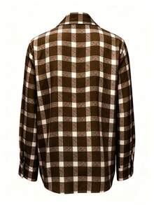 Women's Plaid Long Sleeve Button-Up Shirt, Classic Regular Fit Collar Shirt, Suitable For Autumn And Winter - Coffee Brown - View 3