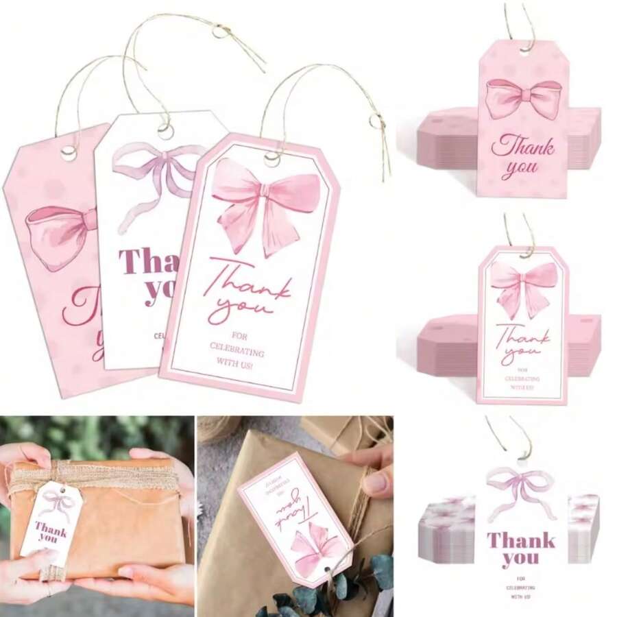 Bộ 10/50 thẻ cảm ơn nơ hồng - kèm dây đay để treo, phù hợp cho đám cưới, sinh nhật, kỷ niệm, lễ rửa tội, tốt nghiệp, Lễ Tạ ơn, Giáng sinh, Ngày Nhà giáo, tiệc độc thân, v.v. Trang trí đóng gói quà tặng và thiệp mời, bày tỏ lòng biết ơn tới khách mời, bạn bè và gia đình - Nhiều màu - Xem 1
