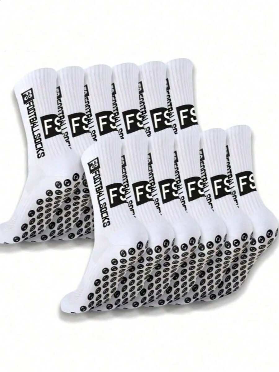 6 Pairs Men's Soccer Socks, Short Thick Terry Cloth Low-Cut High-Cut Couple Anti-Slip Socks, Mid-Calf Sports Socks, Durable, Autumn Socks 1/2/3/4/5/6 Pairs, Breathable - White - View 1