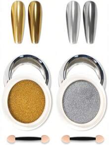 2Jar(1+1) Gold Sliver Metallic Mirror Nail Powders Set,Holographic Sparkling Laser Silvery Golden Nail Rubbing Dust Glitter Pigment,UV Gel Polish Mirror Powder, Powder DIY Nail Decoration Supplies - Multicolor - View 8