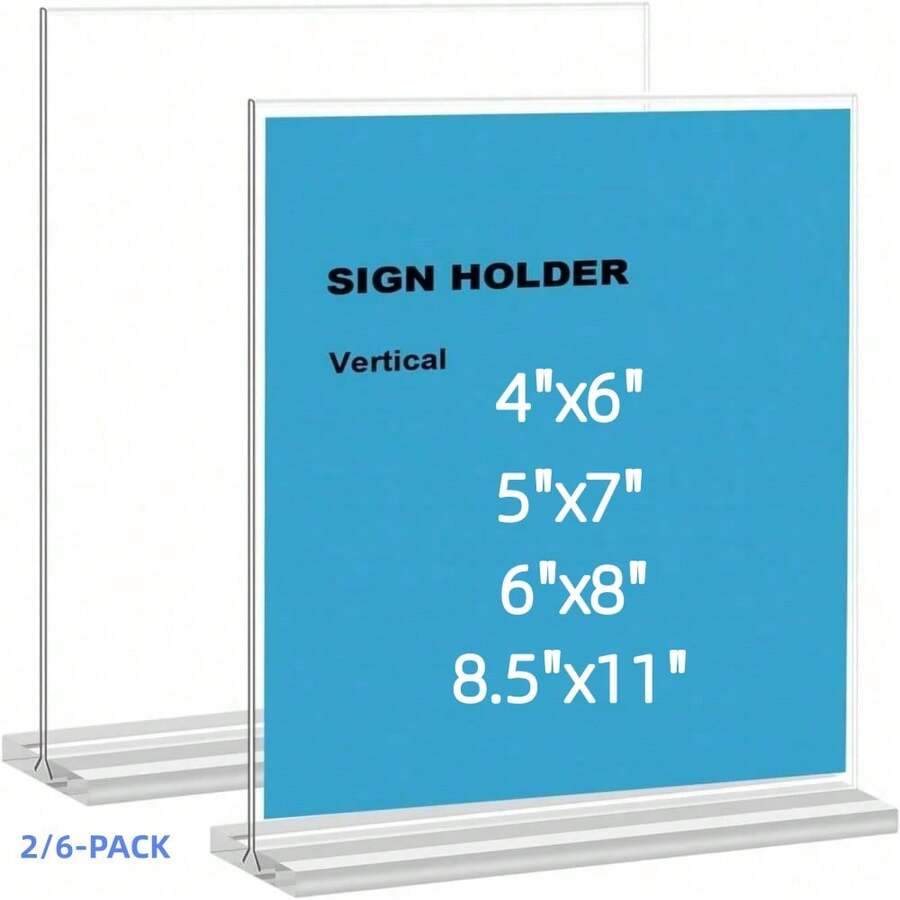 2/6 Pack T-Shaped Acrylic Sign Holder 4x6"/5x7"/6x8"/8.5 X 11", Double Sided Clear Acrylic Display Table Signs Stand New Acrylic Material T Shape Flyer Holder Plastic For Picture Paper Frame Holder Home Office Menu Retail Show Fair