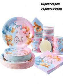 100/75/25/10pcs Gender Reveal Teddy Bear Disposable Plates, Napkins And Cups, Party Supplies For 25 Guests, Disposable Paper Plates And Party Tableware Suitable For Birthday Party, Family Picnic, Gender Reveal Party - Multicolor - View 1