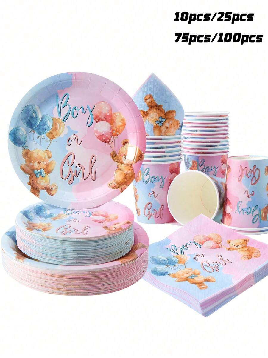 100/75/25/10pcs Gender Reveal Teddy Bear Disposable Plates, Napkins And Cups, Party Supplies For 25 Guests, Disposable Paper Plates And Party Tableware Suitable For Birthday Party, Family Picnic, Gender Reveal Party - Multicolor - View 1