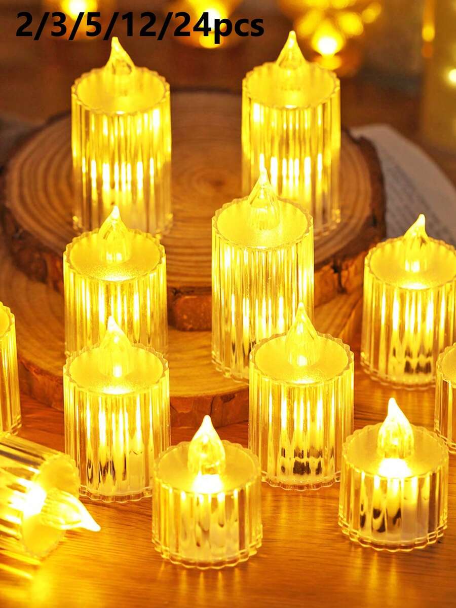 2/3/5/12/24入 壓克力家居裝飾 LED 電子蠟燭燈，電池供電，線條圖案投影茶蠟燭燈，無焰蠟燭燈，適用家居裝飾、婚禮節日裝飾、桌面裝飾、房間裝飾