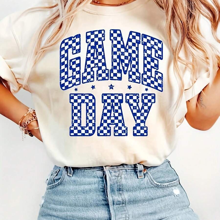 C  Omforolors Shirt, Game Dahirt, Football Shirt, Blue And White, WoM  En's Football, Preppy Football, Football Mom, Cute Football Shirt Heavyweighotton T-Shirt - Made Of Thick - Blanco - Ver 1