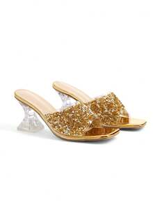 Rollcall Women's Summer New High Heel Slippers, Gold Rhinestone Glitter Decorated High Heels - Gold - View 3