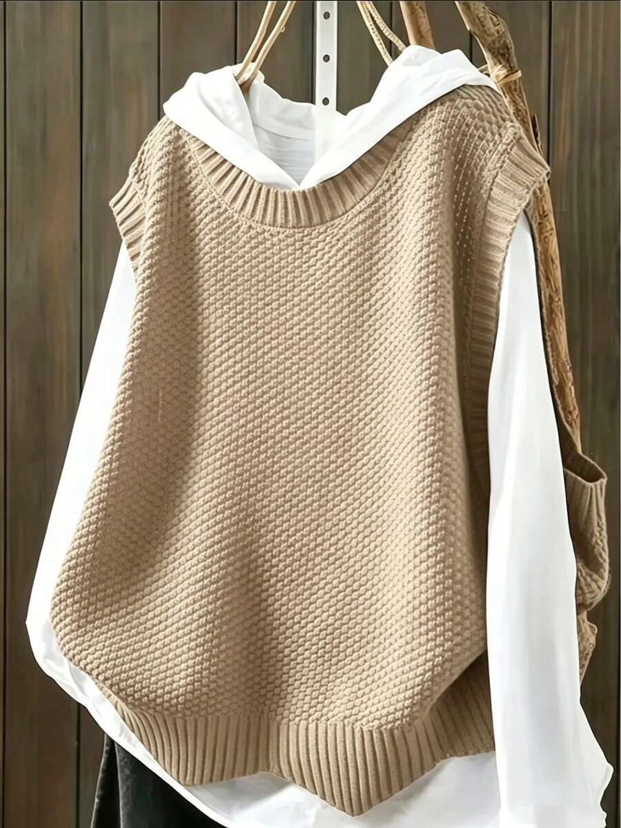 Plus Size Casual Solid Color Crew Neck Knitted Sweater Vest - Khaki - View 1