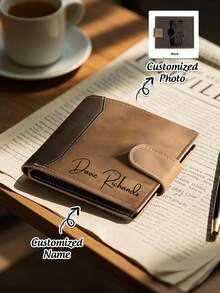 1pc Personalized Men's Vintage Wallet, Custom Photo/Name/Initial Laser Engraved, Gift For Dad, Husband, Grandfather, Father's Day, Valentine's Day - Multicolor - View 3