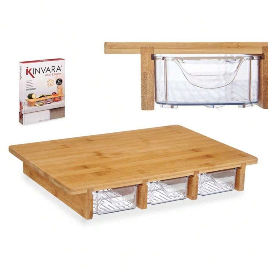 Zylx shopping - Tabla de Cortar de Bambú con 3 Compartimentos y Bandejas Extraíbles, Tabla de Cocina para Picar Organizada, Madera Natural con Cajones de Plástico Transparente, 40x28x6cm - NATURAL - Ver 1