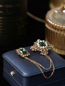 1pc High-End Luxury Baroque Green Tassel Chain Brooch, Vintage Palace Style Clothing Accessory, Elegant Fashion Pin For Holiday Dress - Multicolor - View 8