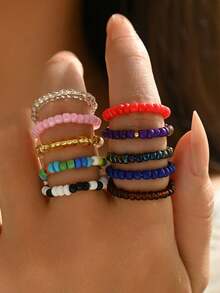 10pcs/20pcs/25pcs/30pcs/Set Bohemian Style Colorful Beaded Women's Rings For Daily Commute And Vacation Wear (Bead Color Random) - Multicolor - View 1