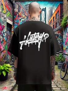Camiseta de Hombre con Estampado de Letras de Graffiti y Diseño de Pincel - Negro - Ver 1