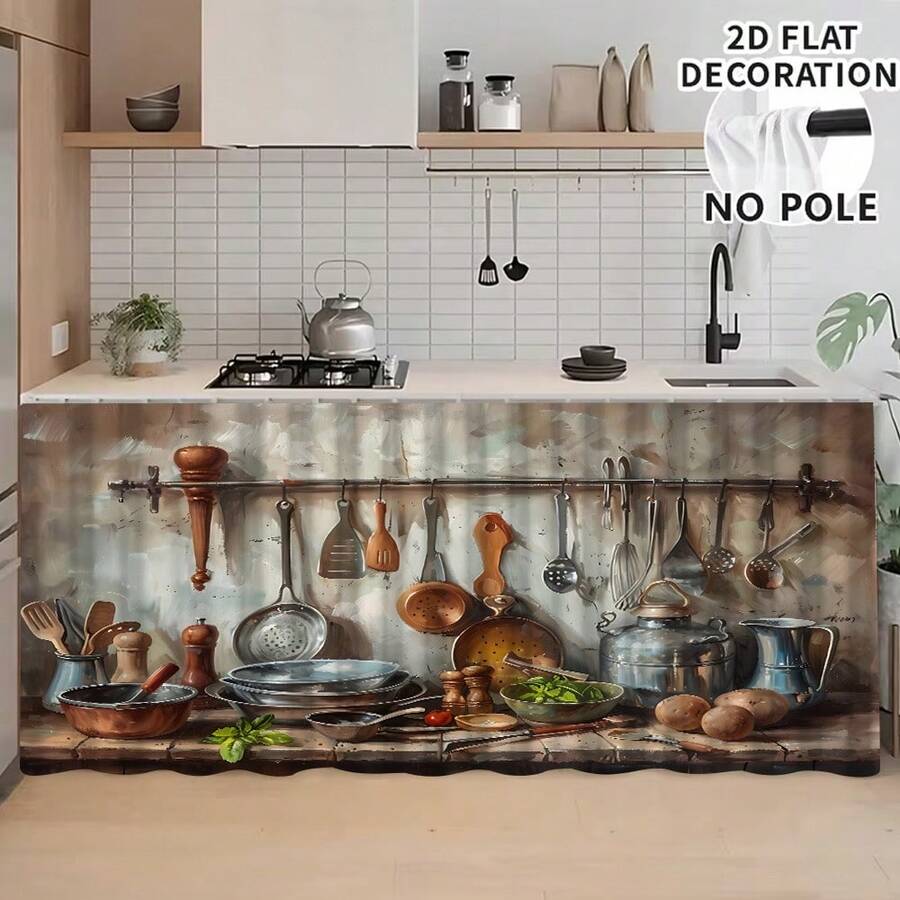 1pc, Home Decor, Kitchen Tool Pattern Printed Table Skirt, Kitchen Small Curtain, Kitchen Cabinet Cover, With Curtain Holes, Easy To Hang, Rectangular, Machine Woven, Machine Washable, Kitchen Decoration And Accessories, Perfect For Kitchen Cabinets And Home Decor - Multicolor - View 1