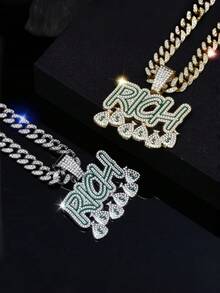 Unisex Hip Hop Cuban Chain Fashion Rhinestone English RICH Dollar Sign Pendant Necklace, Best Gift For Friends And Family - Multicolor 4 - View 3