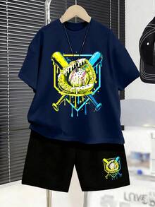 青少年男孩彩色融化冰淇淋、棒球與棒球棒印花圓領T恤+短褲套裝，夏季新款舒適男孩套裝 - 藏蓝色 - 查看 1