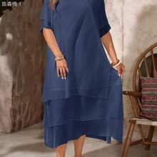 jianchaimaoyi02  Vestido casual de talla grande, vestido bohemio de verano fluyente con cuello redondo, sin mangas, dobladillo asimétrico, adecuado para primavera y verano, - Niebla azul - Ver 1