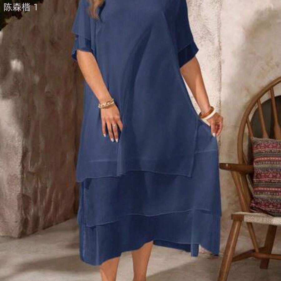 jianchaimaoyi02 Vestido casual de talla grande, vestido bohemio de verano fluyente con cuello redondo, sin mangas, dobladillo asimétrico, adecuado para primavera y verano, - Niebla azul - Ver 1