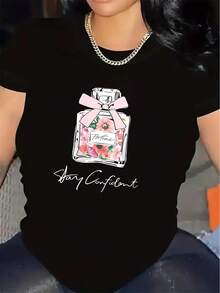 Women's T-Shirt, Short Sleeve T-Shirt For Women, Made Of Fabric, Lightweight And Durable, With Floral Perfume Bottle Design, Perfect For Casual Wear At Home Or In Restaurants, Comfortable Fit - 白色 - 查看 7