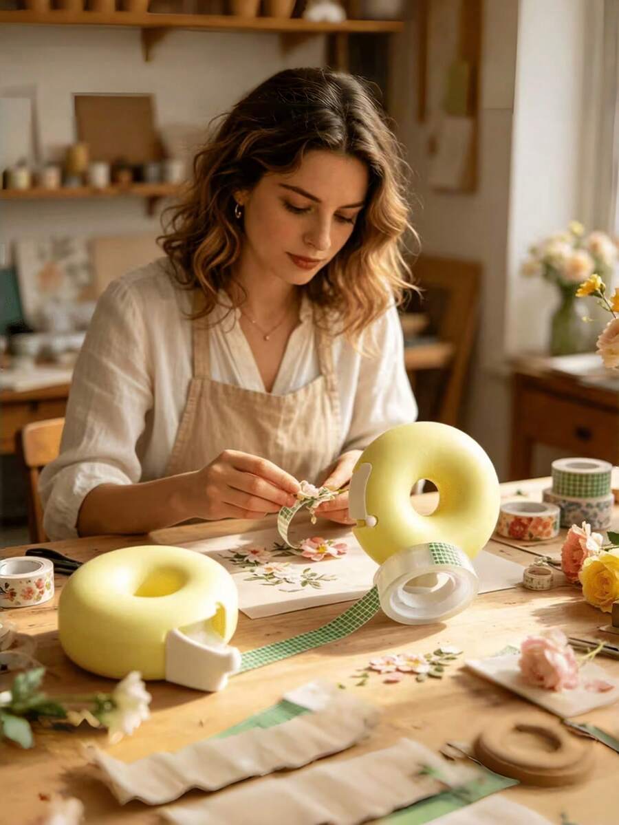 1pc Small Round Tape Dispenser | Tape Cutter | These Tapes Are Perfect For Office Use, Crafts And Gift Wrapping Creative Donut Tape Cutter Korean Stationery Tape Dispenser Invisible Portable Holder Student Learning For Hands - 1pc Yellow - View 1