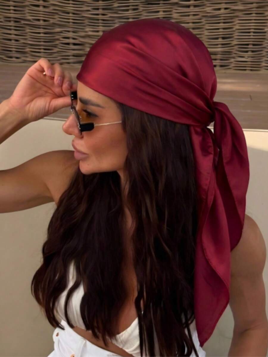 وشاح باندانا نسائي بلون عنابي سادة، إكسسوار شعر لف للربيع والصيف، مناسب للعطلات وحفلات الشاطئ وأزياء الشارع - عنابي اللون - مشاهدة 1