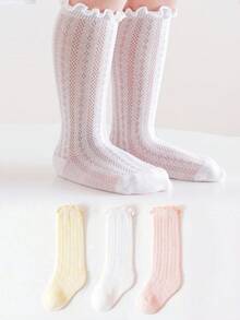 3 Pairs Kids Socks With Frill Trim & Mesh, Versatile Minimalist Mid-Calf Anti-Mosquito Socks - Multicolor - View 9