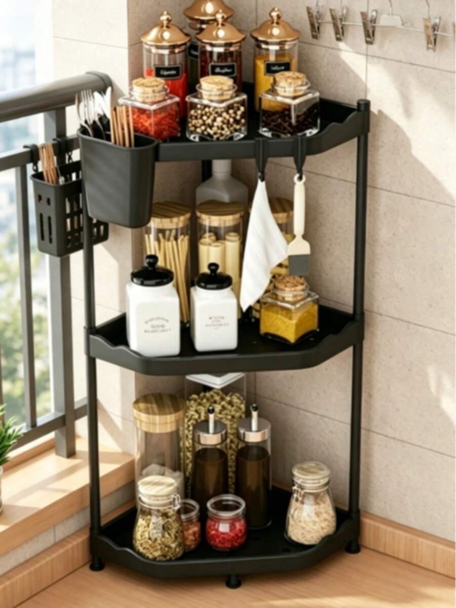 26 Inch Height Small Corner Storage Shelf, 3 Tier Space Saving Freestanding Corner Organizer With Utensil Holder, For Small Bathroom, Tiny Kitchen Toilet Corner - Black - View 1