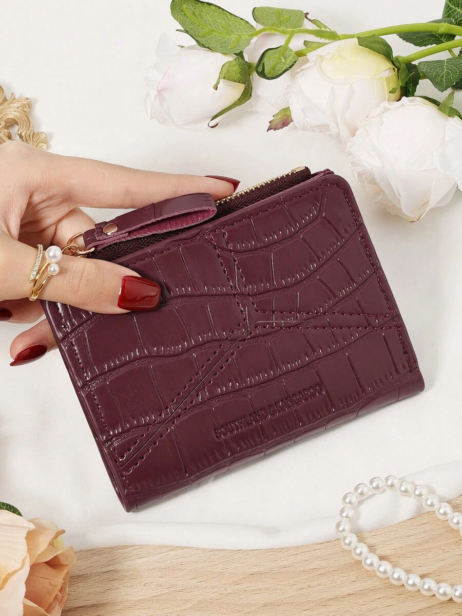 Burgundy Zip Wallet Compact 2-Fold Purse With Multiple Card Slots Coin Cash Compartment Unisex Daily Use Travel Gifting Card Holder,Clutch Bag Elegant