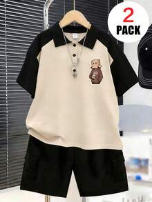 Bộ 2 món áo POLO ngắn tay & quần short thời trang cho bé trai, họa tiết hoạt hình bé trai, thiết kế cổ đứng, phong cách lịch lãm & thời thượng, phù hợp mặc mùa hè - Nhiều màu - Xem 3