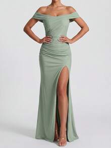 Women's Summer Ruched Asymmetric Slit Long Fitted Off-Shoulder Dress, Elegant Green Nightclub Evening Cocktail Party Dress - Green - View 5