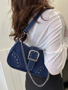 1pc Women's Colorblock Spice Girls Style Slim Daily Zipper Bag, Suitable For Party & Holiday, Large Capacity Fashionable Versatile Chain Bag - Blue - View 4