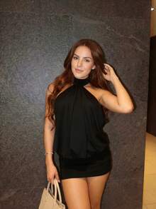 Vestido mini de verano granate para mujer, elegante & sexy, sin mangas y espalda descubierta, plisado en espalda & frente, estilo streetwear - Negro - Ver 8