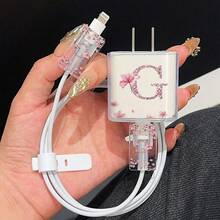 Juego de 5 piezas Funda protectora de teléfono con patrón personalizado de letra G y flor + Cubierta de cabezal de cargador + Protector de cable + Correa de almacenamiento Funda protectora a prueba de golpes de TPU Cobertura completa Funda de teléfono a prueba de golpes de TPU Compatible con Apple 16 15 14 13 12 11 Pro Max - Multicolor - Ver 4