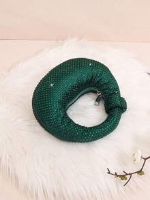 Mini Hobo Bag In A Crescent Shape, Fully Covered In Rhinestones, Integrated Circular Handle With Bow, Zipper, Various Colors, Women's Party, Wedding, Birthday Gift - 綠色 - 查看 6