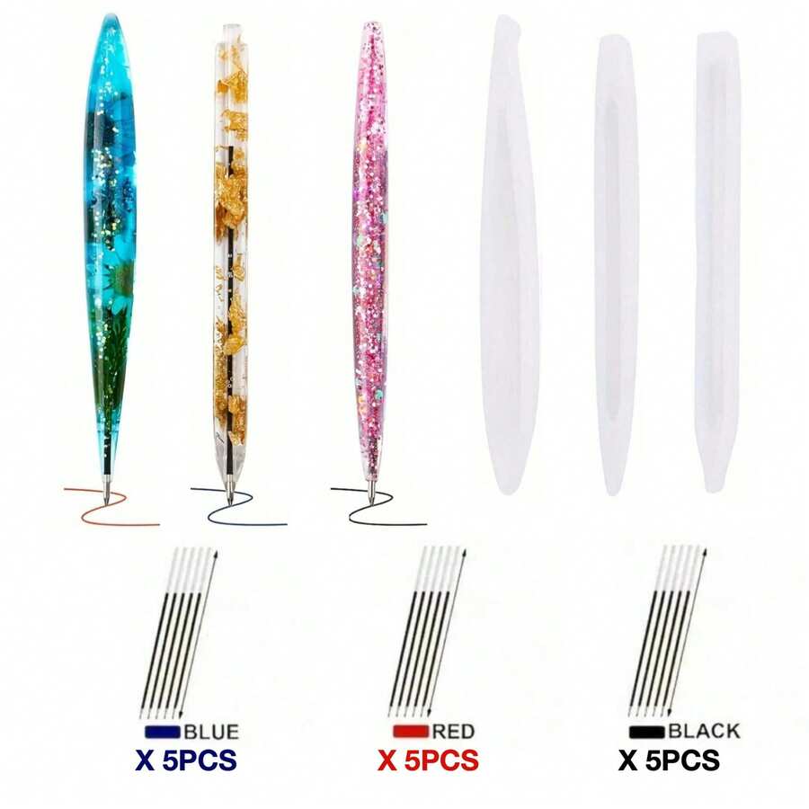 3pcs Transparent Pen Silicone Molds With 15pcs 3-Color Refill Cartridges, Dried Flower Decor Resin Crafts DIY Ballpoint Pen Casting Silicone Molds, Epoxy Resin Molds For Jewelry Making. Unique Birthday Gifts, Handmade Experience For Family & Friends, Reusable