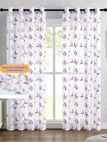1pc Purple Embroidered Curtain, Decorative Purple Embroidered Faux Linen Grommet Curtain, Suitable For Home, Kitchen, Living Room And Bedroom - Purple - View 2
