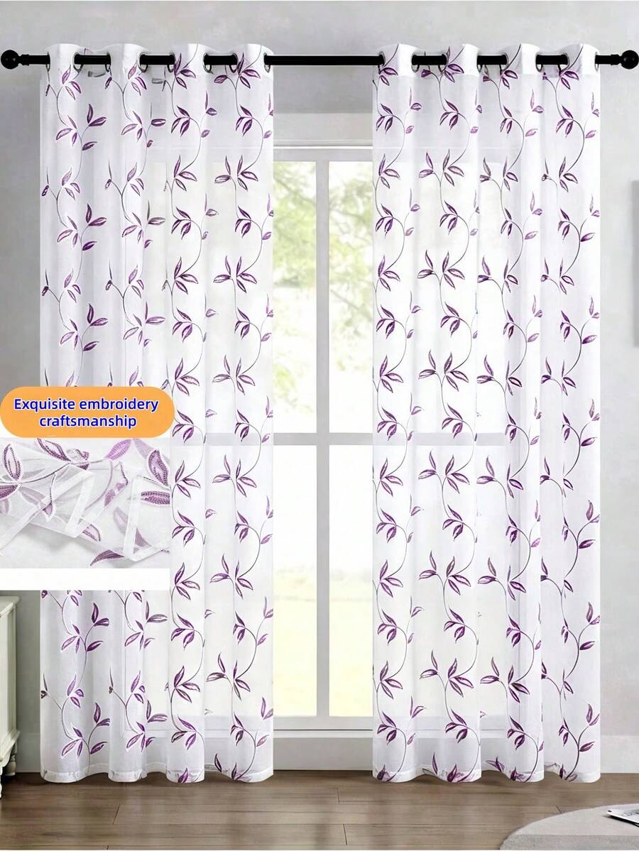 1pc Purple Embroidered Curtain, Decorative Purple Embroidered Faux Linen Grommet Curtain, Suitable For Home, Kitchen, Living Room And Bedroom