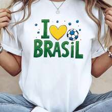 Women's Brazilian Football Jersey - Brazil Football Fan Clothing With Iconic Heart Print, Casual Short Sleeve Crew Neck T-Shirt, Regular Fit - 黑 - 查看 2