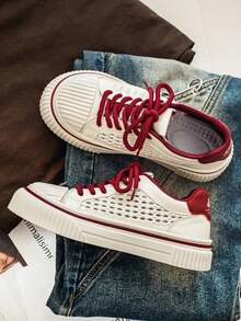 Men's Summer New Style Color-Block Mesh Thick Sole Sports Shoes, Breathable Woven Lace-Up Casual Sneakers, Thick Sole Skateboard Shoes, Versatile Daily Shoes, Breathable Lace-Up Casual Sports Shoes, Thick Sole Comfortable Shoes Suitable For Students And Daily Wear, White And Red Color-Block Thick Sole Mesh Sports Shoes, Retro Woven Lace-Up Casual Men's Shoes, Summer Breathable Versatile Fashion Sports Shoes - Mi Hong - View 15