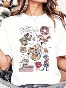 Disney Zootopia Characters Nick Wilde Judy Hopps Bellwether Chief Bogo Officer Clawhauser Women's Round Neck Shirt Summer Casual Women Clothes - 白色 - 查看 1