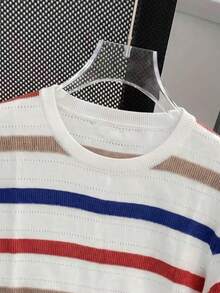 Summer Fashion Hollow Striped Contrast Color Short Sleeve T-Shirt, Casual Loose Knit Top White - White - View 3