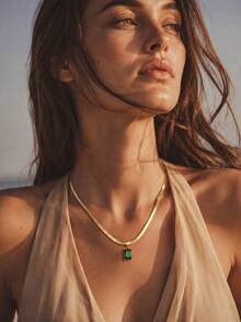 Rectangle Rhinestone Pendant Herringbone Chain Necklace For Women Waterproof Stainless Steel 18K Gold PVD Plated Anti-Tarnish Fashion Jewelry - Green - View 2