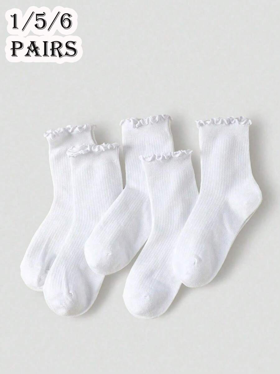 1/5/6 Pairs Women's White Cute White Striped Ruffle Y2K Socks, Simple Fashion Suitable For Daily/Casual/Outing/Travel Wear - White - View 1
