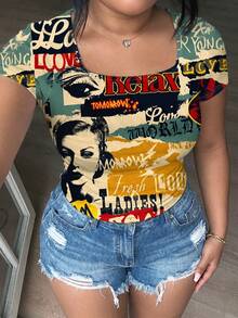 Women's Ribbed Print Square Neck Short Sleeve Knit Top, Spring Summer Plus Size Short Sleeve T-Shirt Casual - Multicolor - View 3