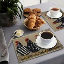 Multi-Pack Farm Chicken Placemats In 2 Styles: Red Checkered & Linen Embroidered. 100% Polyester, Non-Slip, Heat-Resistant, Easy To Clean. Ideal For Farmhouse Kitchens, Meals And Gatherings. - Multicolor - View 3