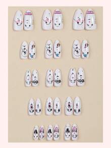 30pcs Fun Quirky Cartoon Face Black & White Line Art Design Medium Almond Shape Press-On Nails, Suitable For Girls And Women To Create Unique Nail Art Styles For Campus Activities, Theme Parties Or Outings - Multicolor - View 4