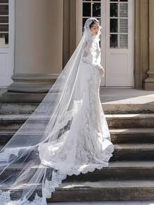 浪漫睫毛蕾絲波浪蕾絲 3 米長面紗，新娘婚禮拍照面紗，婚紗店搭配 - 米色 - 查看 1
