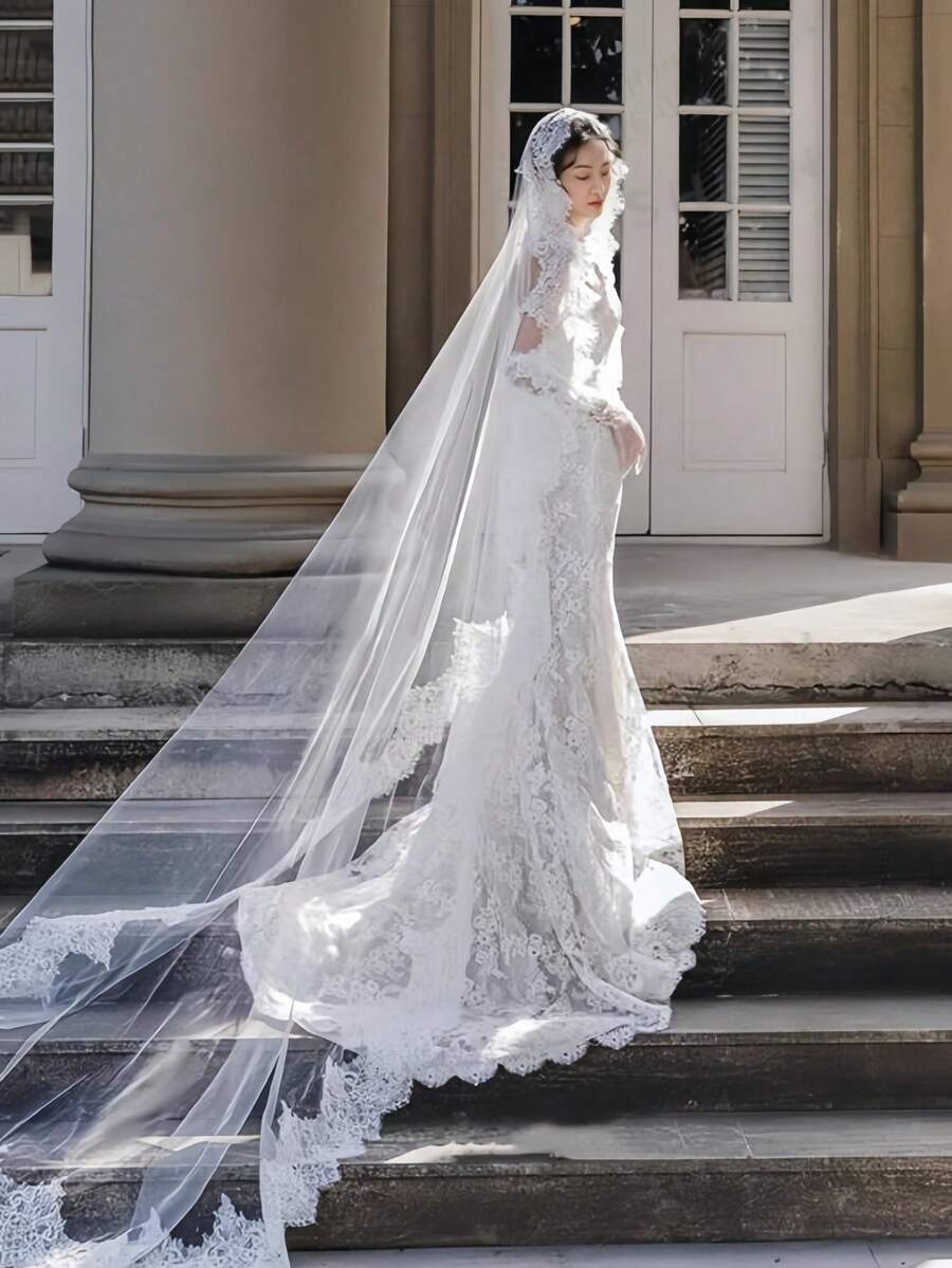 浪漫睫毛蕾絲波浪蕾絲 3 米長面紗,新娘婚禮拍照面紗,婚紗店搭配 - 米色 - 查看 1