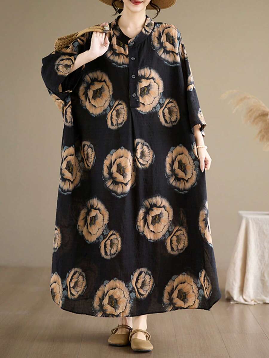 AZAH 萬聖節優雅舞會夏季女款休閒度假波希米亞風圖案半開領掛脖中長版襯衫洋裝，薄款修身顯瘦 - 黑色 - 查看 1